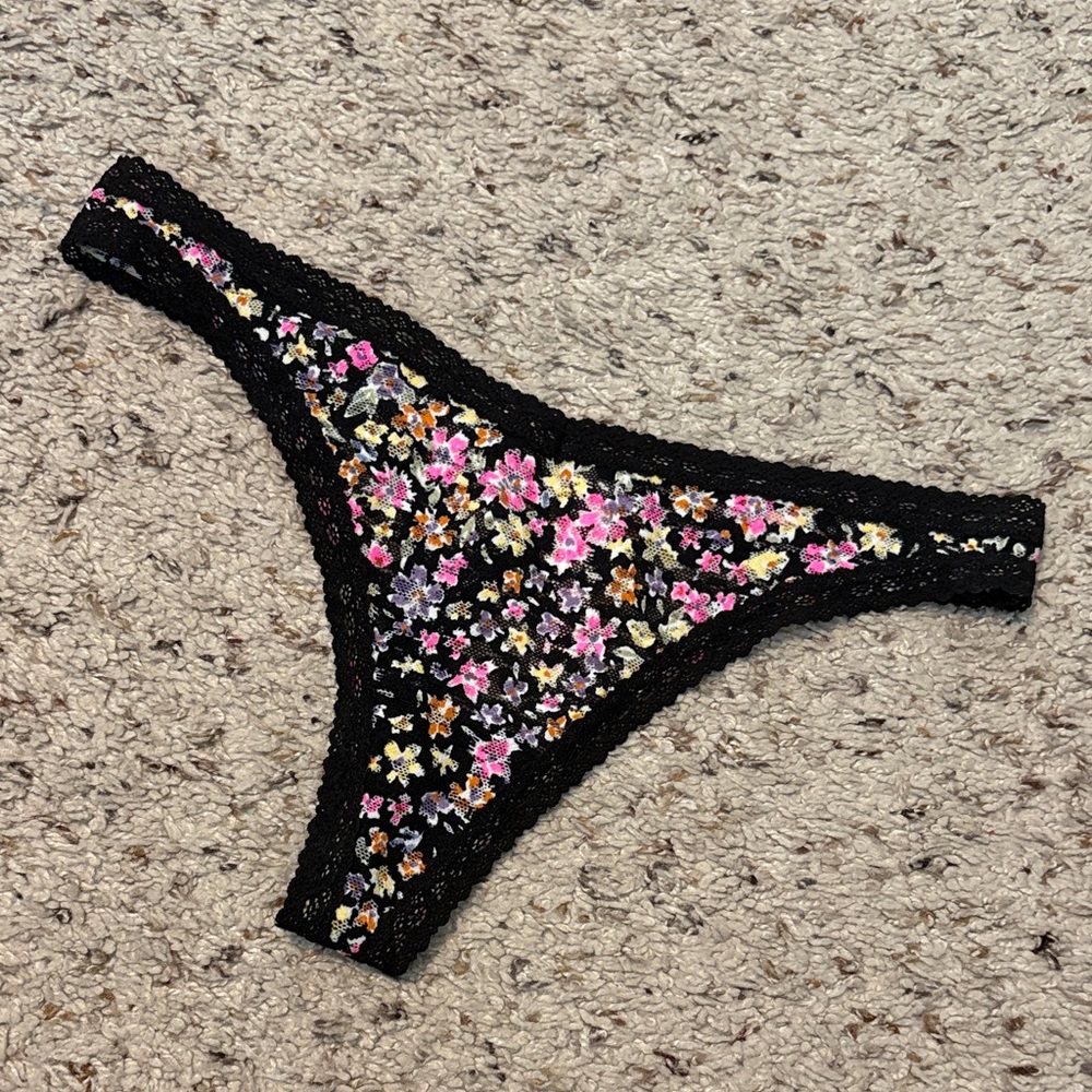 Victoria's Secret PINK Black Lace Thong Panty with Floral Accents